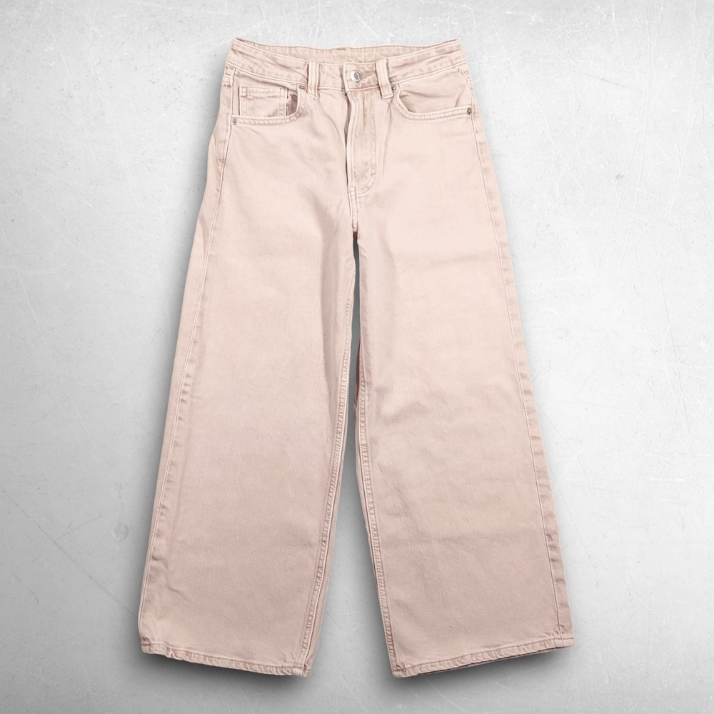 H&M &Denim Wide Leg High Waist Cropped Jeans Women Size 0 Pink Pastel Casual VP